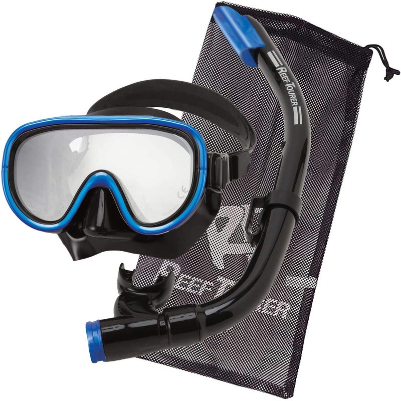 Reef Tourer RC0105 Adult Single-Window Mask & Snorkel Set, Semi-Dry Top, Purge Valve, Panoramic Wide View Tempered Glass Lens, Snorkeling Gear for Ages 10+ with Reusable Mesh Bag, Black/Metallic Blue - Image 1